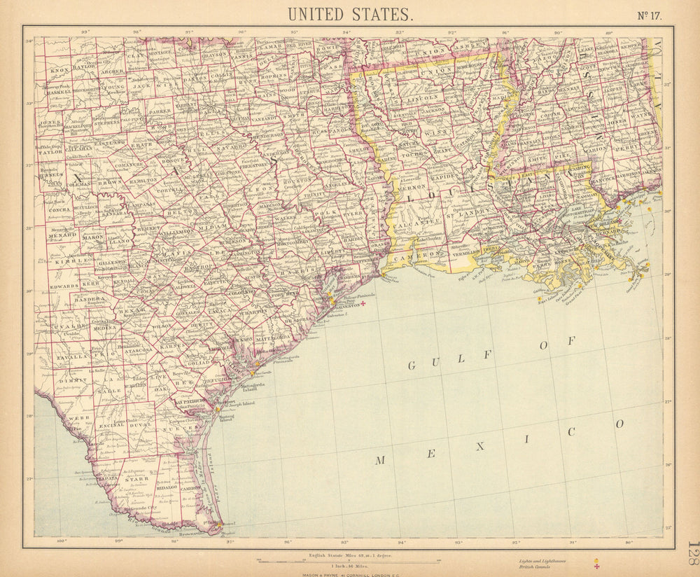 US GULF COAST. Texas Louisiana Mississippi. Lighthouses Consuls. LETTS 1892 map