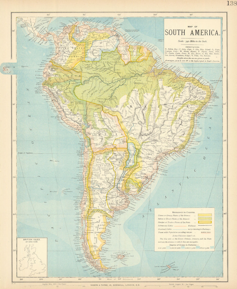 SOUTH AMERICA. Amazon rainforest. Pampas. Telegraph cables. LETTS 1892 old map