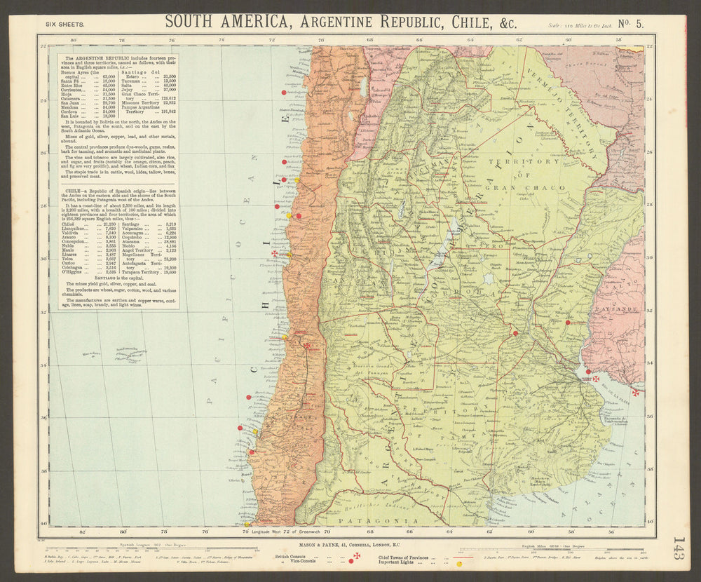 SOUTH AMERICA. Chile Argentina. Lighthouses British Consuls. LETTS 1892 map