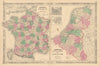 Johnson's France, Holland & Belgium. 2 maps on one sheet. Benelux 1865 old