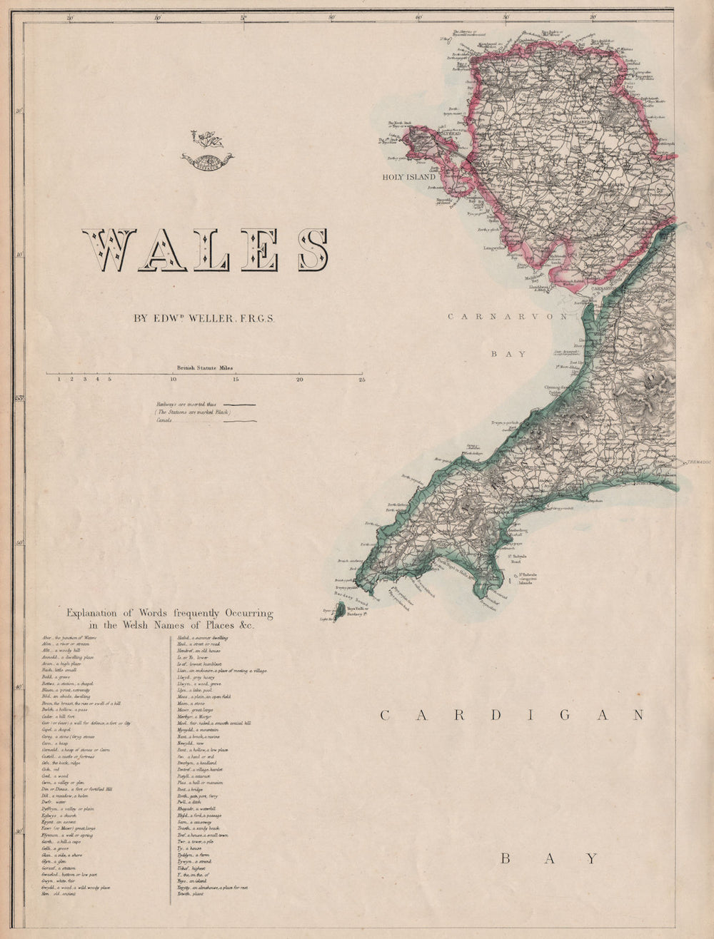 WALES NORTH WEST Anglesey Lleyn/Llyn Peninsula Welsh placenames WELLER 1862 map