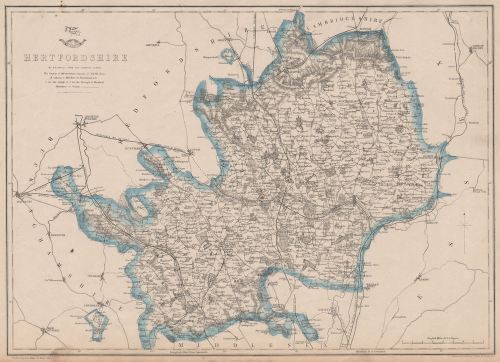 HERTFORDSHIRE antique county map. Shows 2 exclaves. Railways.BR DAVIES 1862