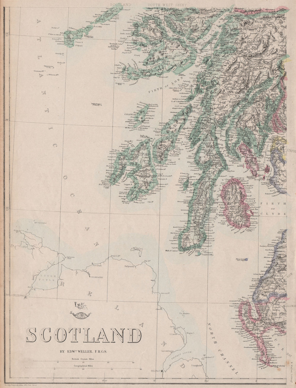 SCOTLAND SOUTH WEST. Arran Kintyre islay Jura Mull Colonsay. WELLER 1862 map