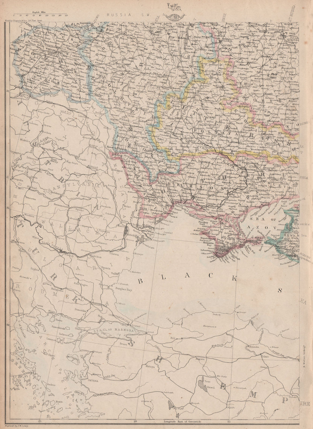 RUSSIA IN EUROPE SW. Ukraine & Poland. JW LOWRY for the Dispatch atlas 1862 map