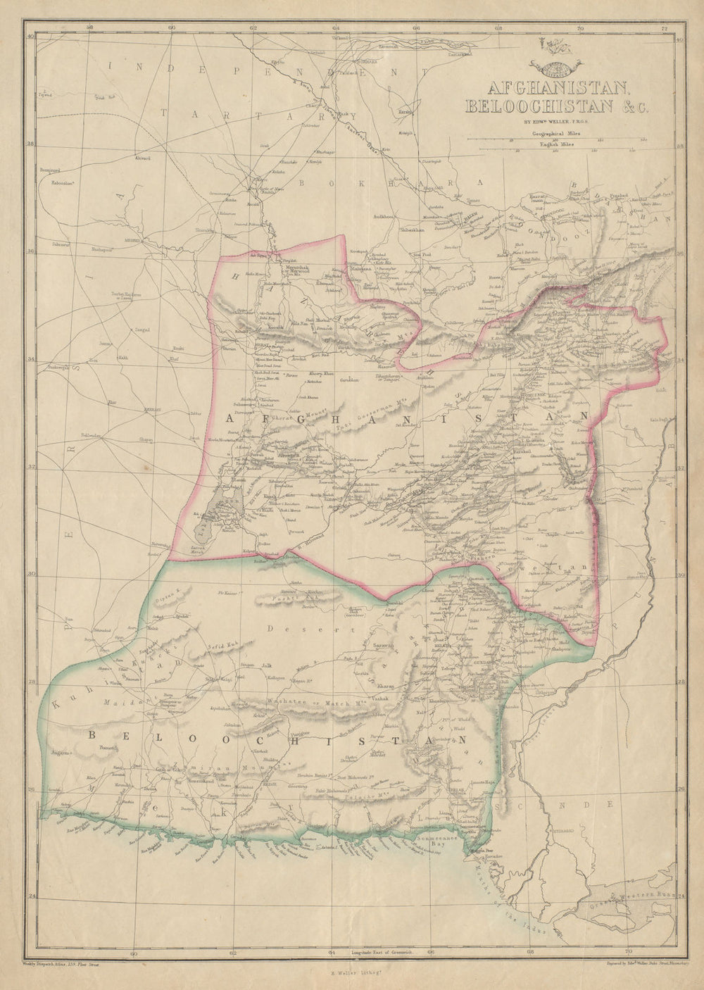 AFGHANISTAN & BELOOCHISTAN. Pakistan. Kabul Karachi Quetta. WELLER 1862 map