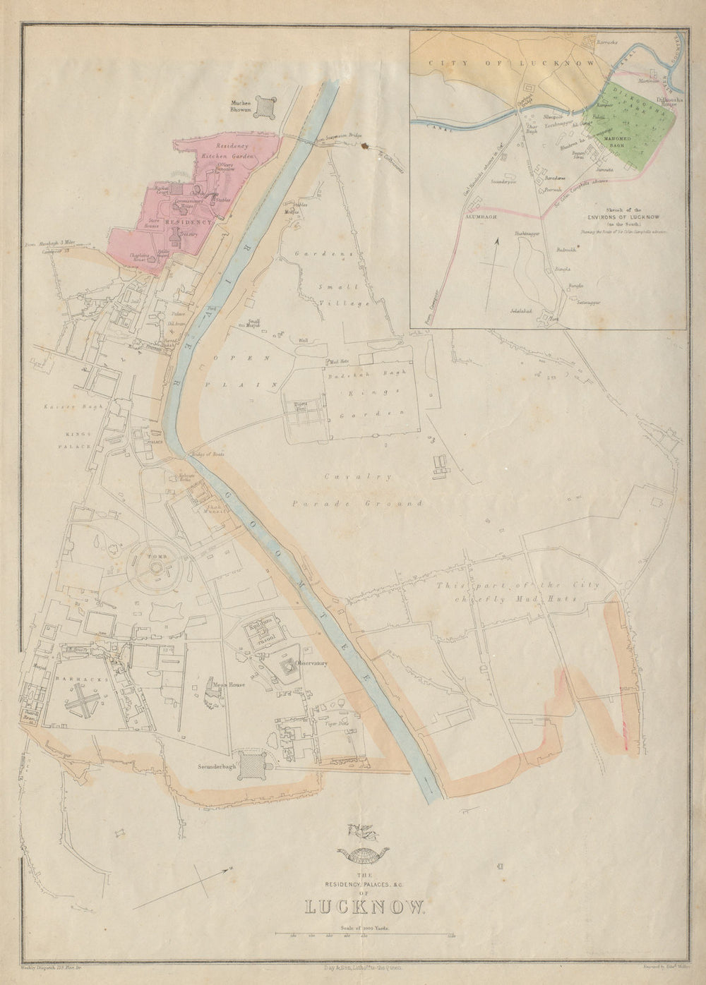 LUCKNOW RESIDENCY & PALACES. Town plan.Shows Campbell's Advance.WELLER 1862 map