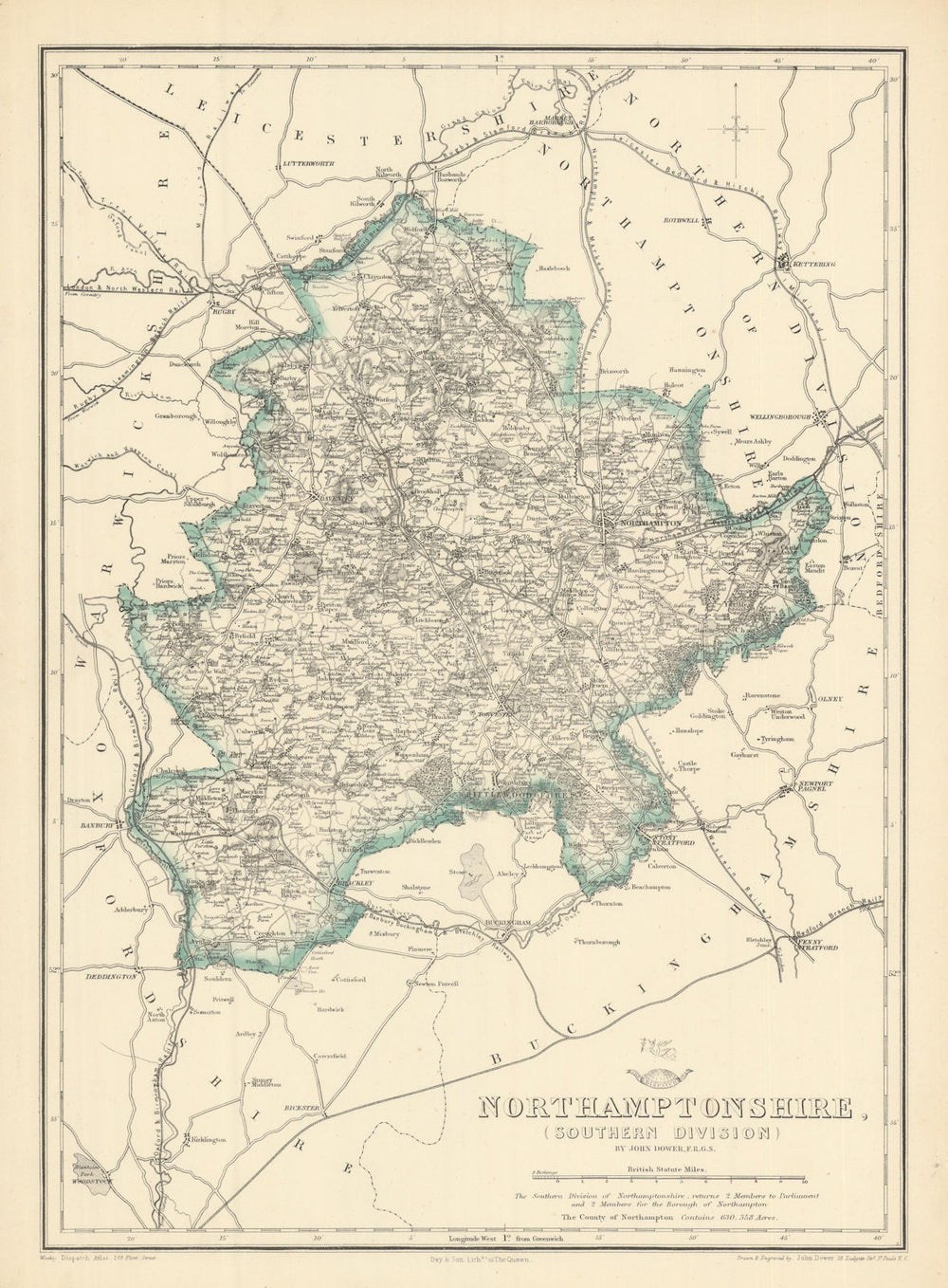 NORTHAMPTONSHIRE SOUTH. Daventry Towcester. Railways. DOWER. Dispatch 1863 map