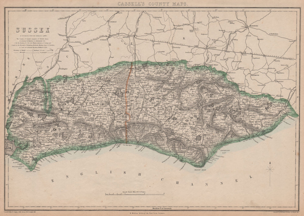 SUSSEX. Chichester Rye Brighton Horsham. County map.Railways.BR DAVIES 1863