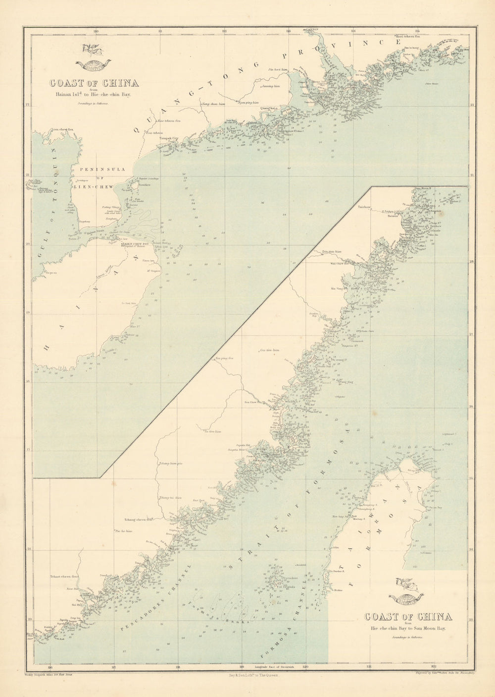 COAST OF CHINA. Hainan-San Moon Bay. Formosa Hong Kong Canton. WELLER 1863 map