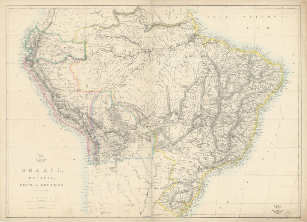S AMERICA 'Brazil, Bolivia, Peru, & Ecuador' Bolivia w/ littoral.LOWRY 1863 map