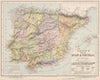 SPAIN & PORTUGAL showing red & white white & liqueur regions. LETTS 1889 map