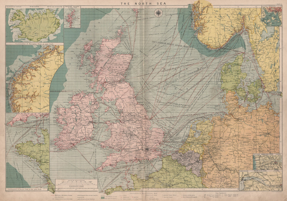 North Sea sea chart. Ports lighthouses mail routes. UK Norway &c LARGE 1918 map
