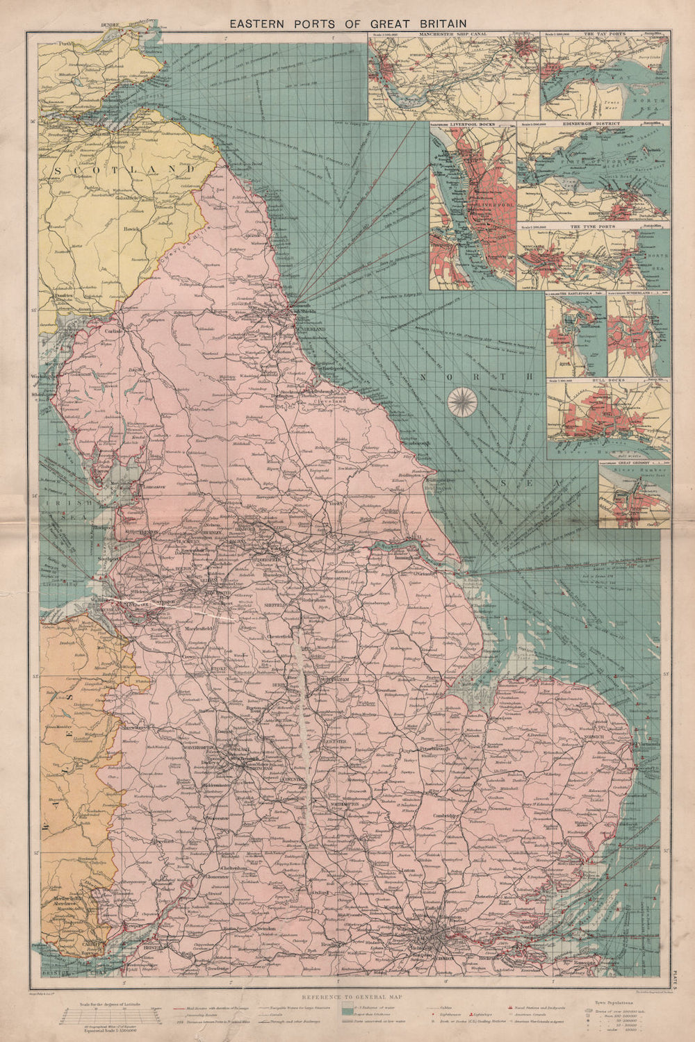 Great Britain east coast ports sea chart lighthouses mail routes LARGE 1918 map