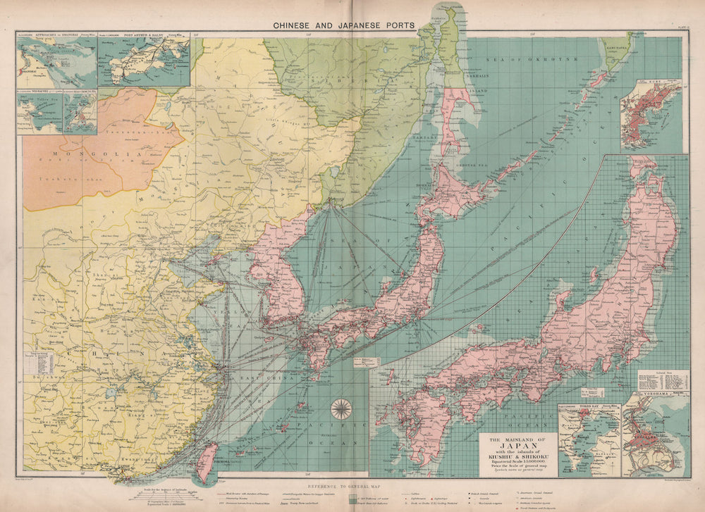 Chinese & Japanese Ports sea chart. lighthouses mail routes. LARGE 1918 map