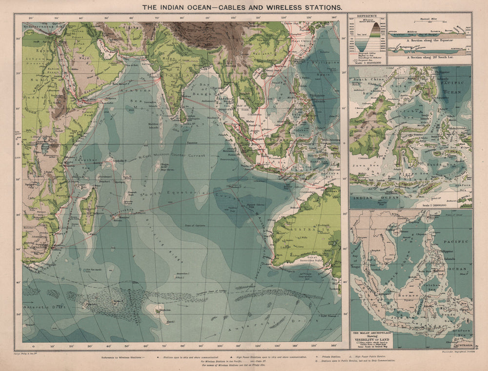 Indian Ocean. Cables & Wireless Stations. Land visibility 1918 old antique map