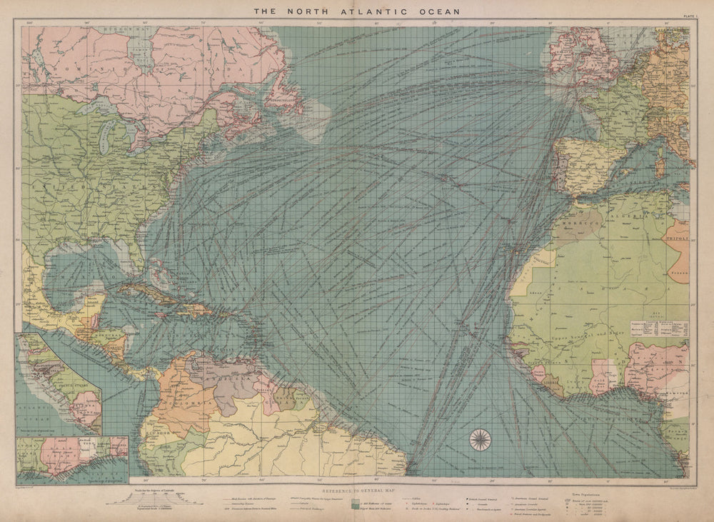 North Atlantic Ocean sea chart. Ports lighthouses mail routes. LARGE 1916 map