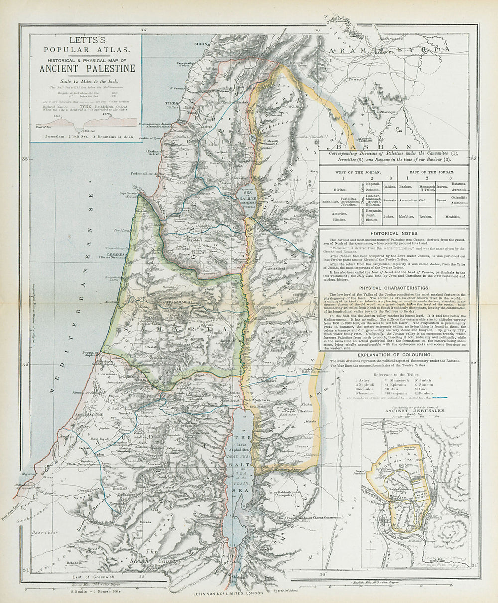 ANCIENT PALESTINE Samaria Galilee Pera Judaea. Ancient Jerusalem. LETTS 1883 map