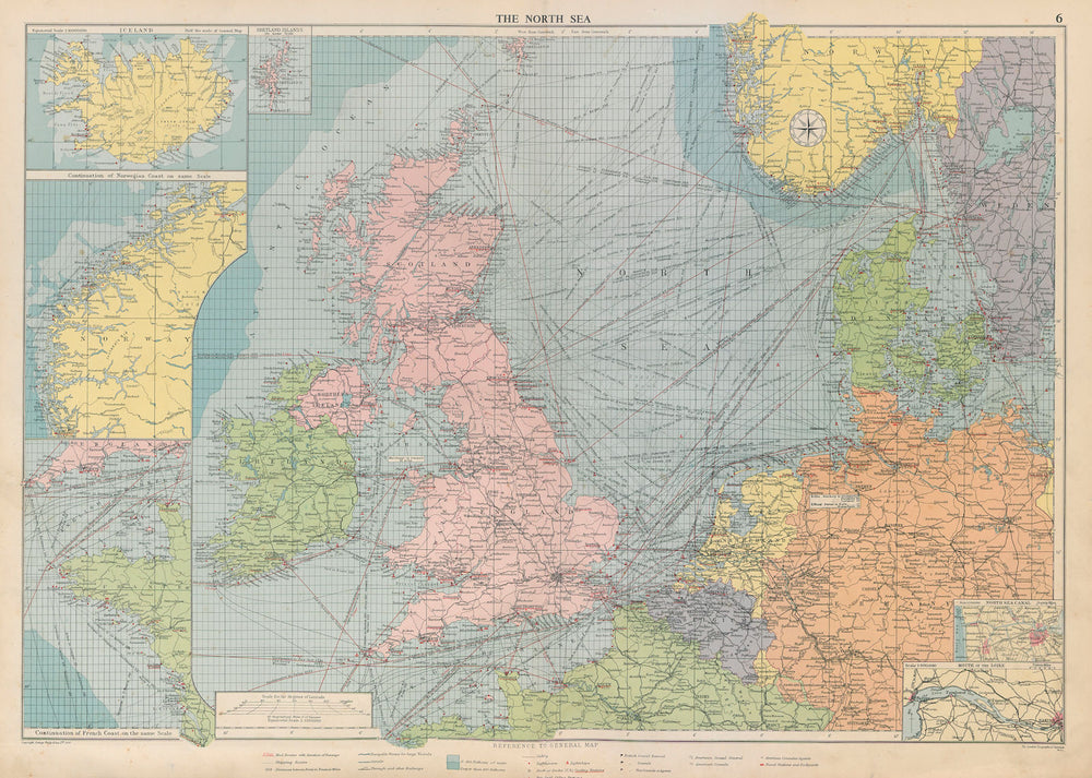 North Sea sea chart. Ports lighthouses mail routes. UK Norway &c LARGE 1952 map