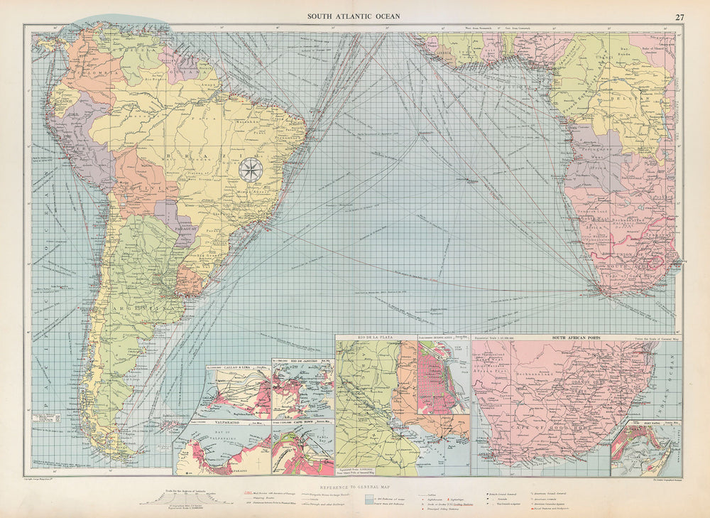 South Atlantic Ocean sea chart. Ports lighthouses mail routes. LARGE 1952 map