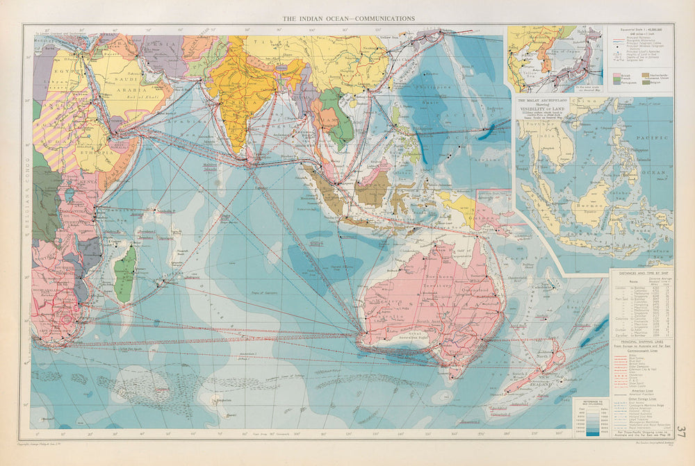 Indian Ocean. Cables Wireless Stations. Land visibility. Shipping lines 1952 map