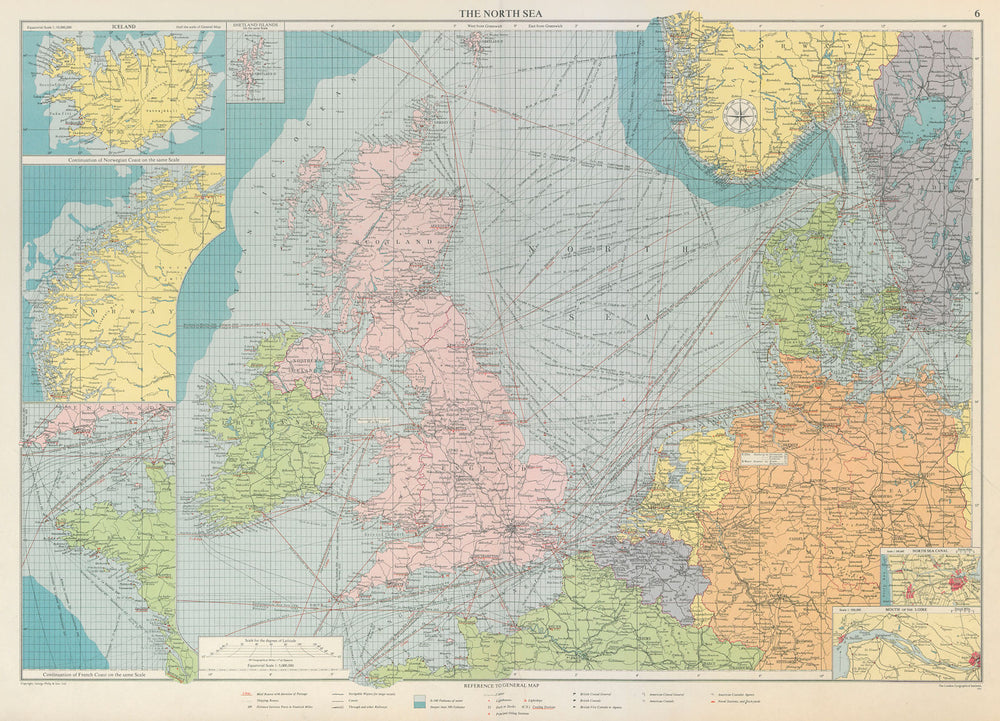 North Sea sea chart. Ports lighthouses mail routes. UK Norway &c LARGE 1959 map