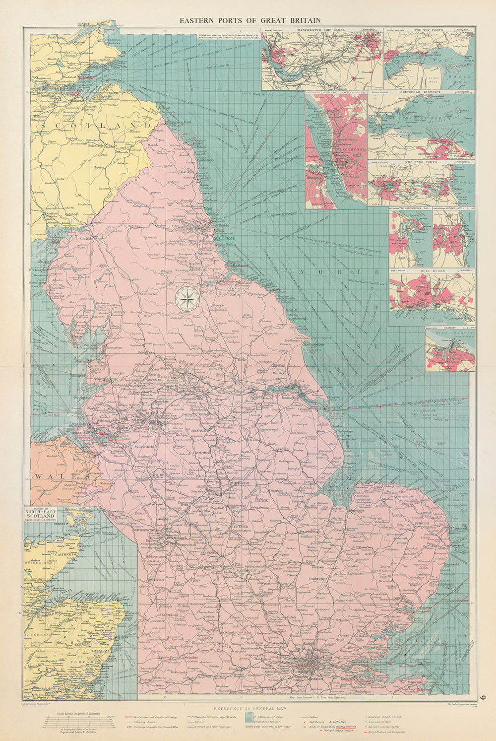 Great Britain east coast ports sea chart lighthouses mail routes LARGE 1959 map