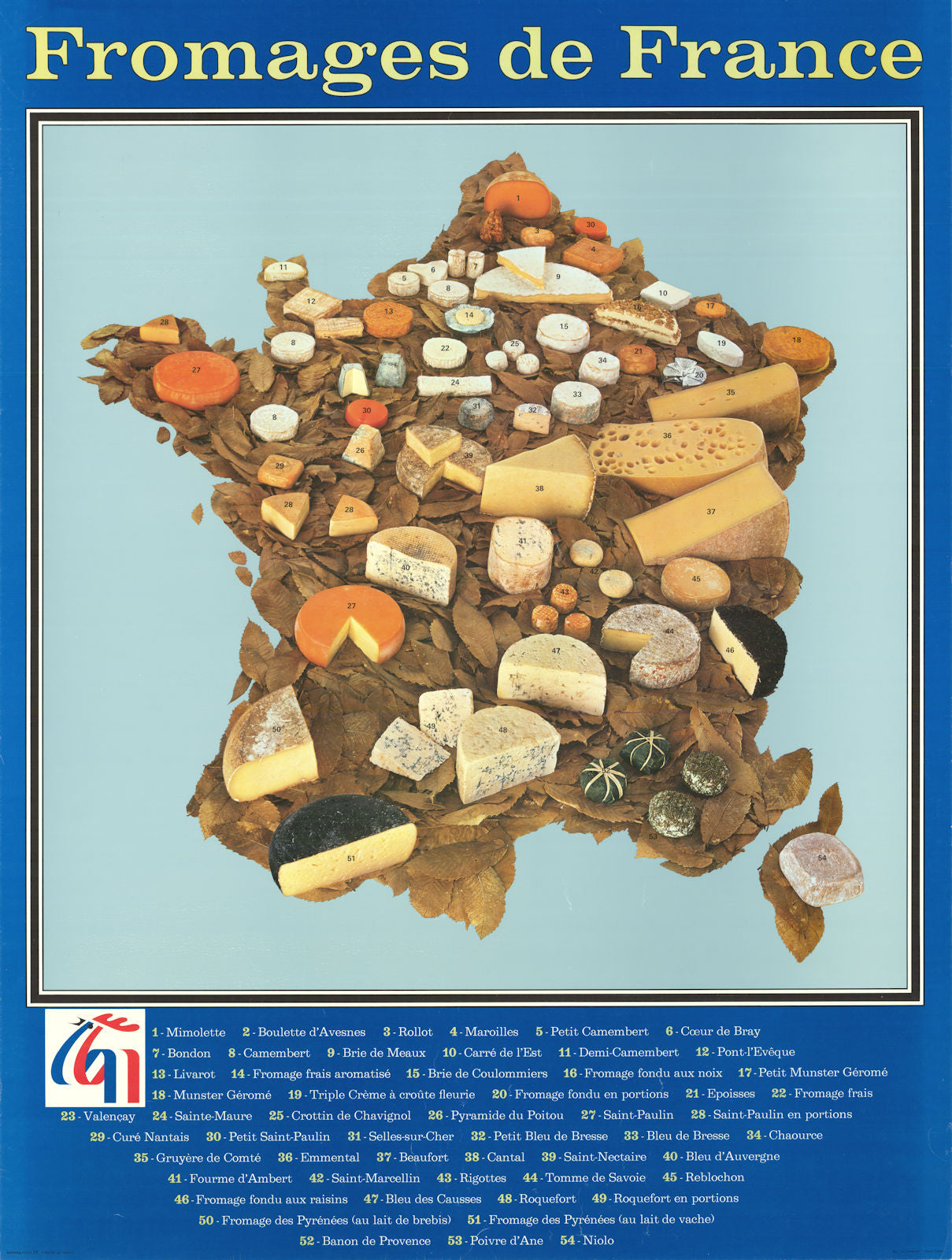 Fromages de France. French cheese poster map. SOPEXA 1973 old