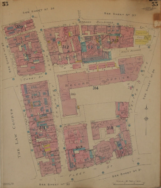 GOAD MAP.EC4 WC2.Fetter Lane Chancery Breams Bldgs Fleet St Bell Star Yard 1944
