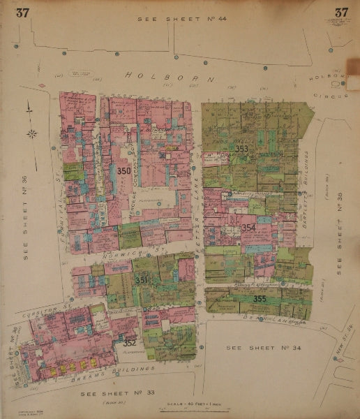 GOAD MAP.EC1 EC4.Holborn Circus Fetter Ln Norwich St Furnival Breams Bldgs 1934