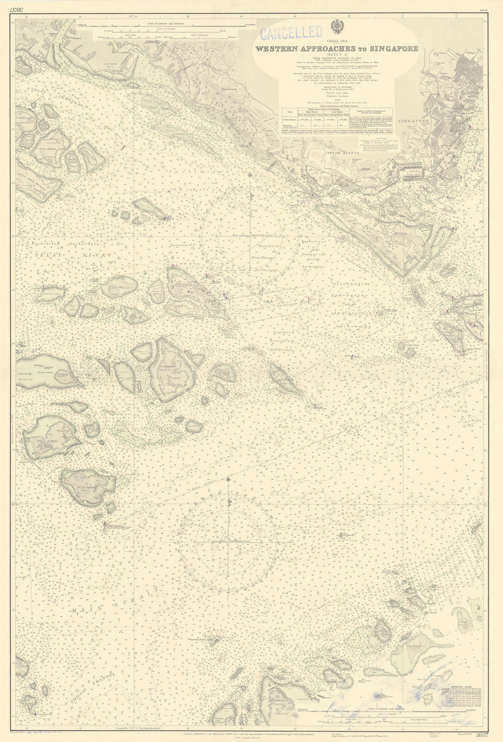 Singapore western approaches. Sheet 2. ADMIRALTY sea chart 1927 (1958) old map