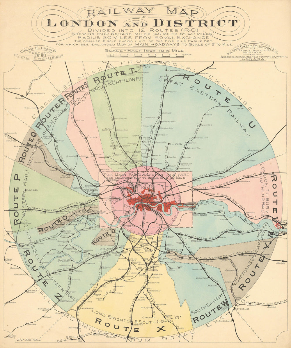 Railway Map of London and District divided into 12 routes 1891 old antique