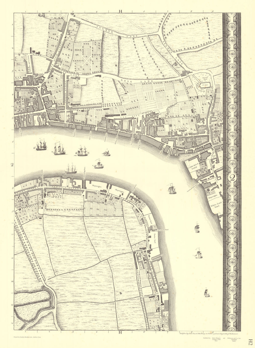 Rotherhithe, Westferry, Limehouse. Sheet H2. After ROCQUE 1971 (1746) old map
