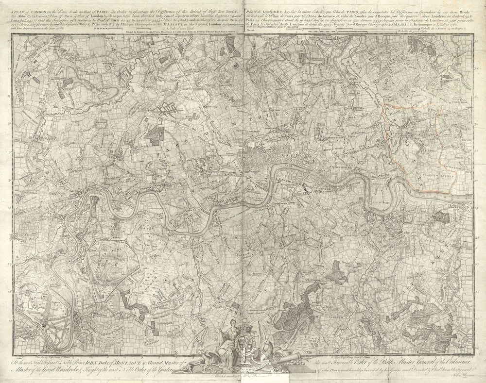 "A Plan of London on the same scale as that of Paris.." by John Rocque 1769 map