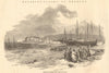 The seafront at Eastbourne, Sussex. Fishing boats & fishermen 1852 old print