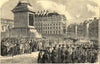 Trafagar Square - Chelsea pensioners joining the procession. London 1852 print