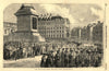 Trafagar Square - Chelsea pensioners joining the procession. London 1852 print