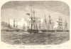 The Geyser towing ten prizes out of Farosund. Sweden. Ships 1855 old print