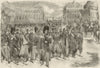 The Crimean troops at the foot of the column, Place Vendome. Paris 1856 print