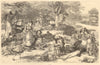 A picnic. Society. Food. Children playing 1871 old antique print picture
