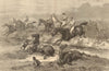 A Steeplechase. Horses & jockeys fallen at a fence 1873 old antique print