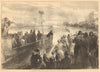 Oxford leading cambridge at Corney Reach, Chiswick. Boat Race. Rowing 1875