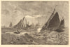 Yarmouth fishing smacks in the North Sea. Norfolk. Fishermen 1877 old print