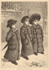 Three home rulers. Drawn by Kate Greenaway. Children. Families 1877 old print