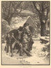 Clearing snow from the path to church, by A. Hunt. Family. 1883 old print