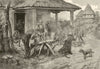 Shoeing oxen & horses at a Serbian smithy 1885 old antique print picture
