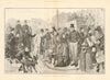 A London street-crossing. Police omnibus top hats crowd 1889 old antique print
