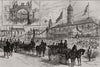 Children singing the national anthem in Leicester market place 1882 old print