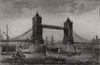 The planned Tower Bridge. High tide: the draw-bridge up. London 1885 old print