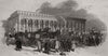 Cambridge Chancellorship election. Voters arriving at the railway station 1847
