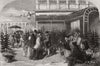 Christmas trees in Covent Garden market. London 1854 old antique print picture